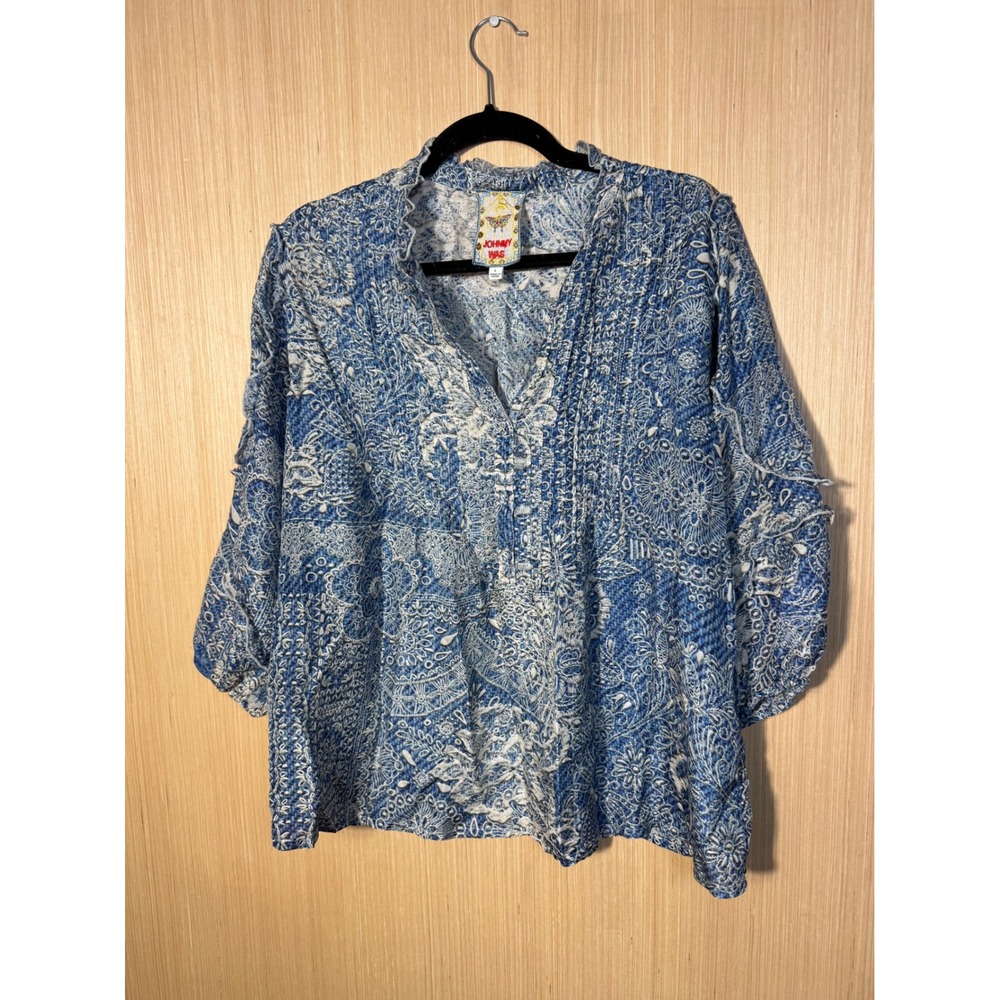 Johnny Was Blue White 100% Silk Paisley Ruffle V-Neck Blouse Large